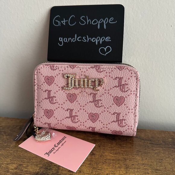 New Juicy Couture Juicy Forever Heart Monogram Pink Blush Double Zip Wallet - Picture 1 of 4